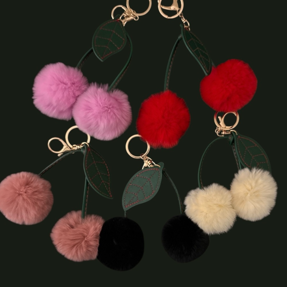Fluffy Pom Cherry Keychain or Bag Charm - Pick a Color - Picture 2 of 3